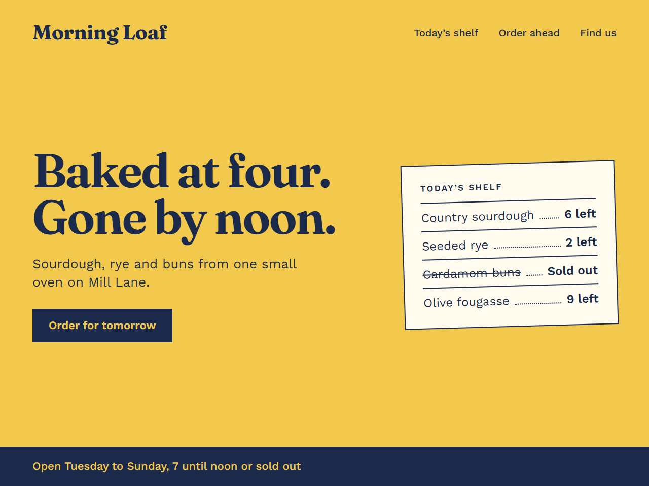 Plate 1: a bakery’s homepage in butter yellow and navy, “Baked at four. Gone by noon.” beside a ticket listing today’s bread and how many are left