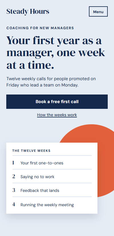 Plate 4: a coach’s homepage on a phone in navy on pale blue: one promise, one Book a free first call button, and the twelve weeks listed on a card over a coral circle