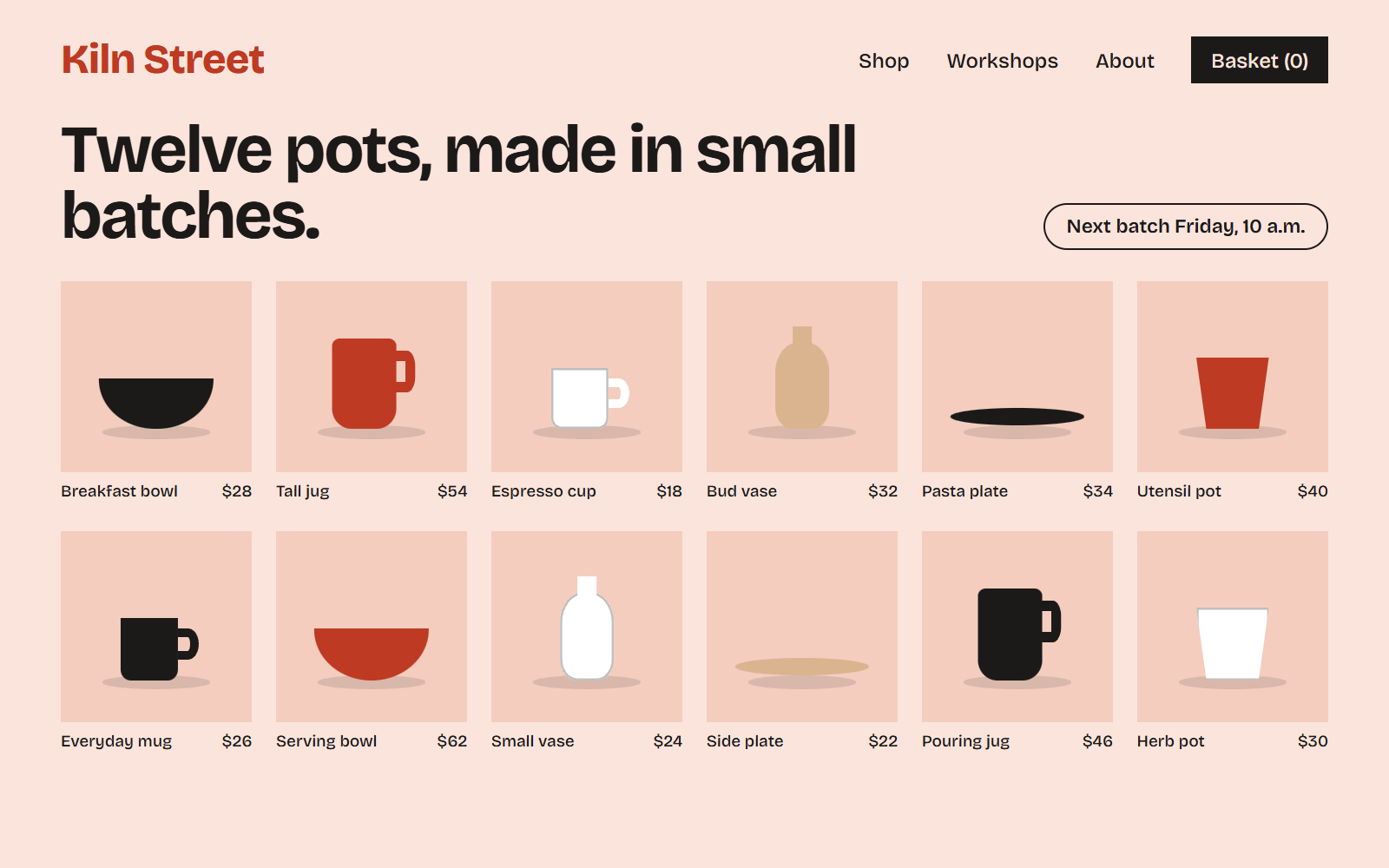 Plate 5: a small pottery shop’s homepage in shell pink with a tomato-red name, twelve pots shown on the same pale ground in a grid of six by two, each with its price