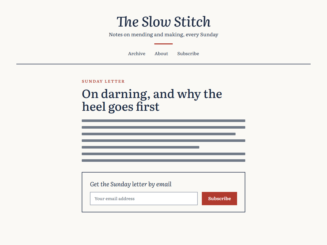 Plate 6: a sewing blog’s homepage, ink blue on paper white, one centered column under a short red rule and an email sign-up box where the reading ends